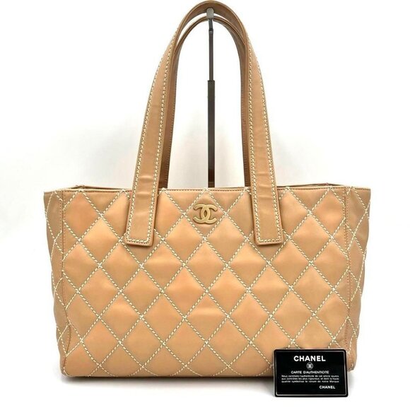 CHANEL CC Wild Stitch Vintage Quilted Shoulder Bag Tote Lambskin Light Beige - Picture 1 of 16